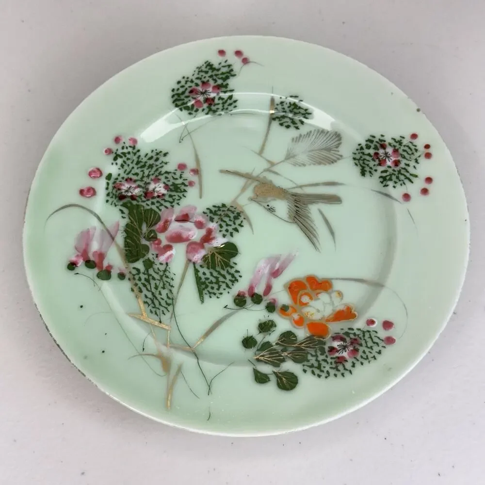 Japanese Porcelain Art Plate Nabeshina Ware Bird & Floral Motif Enameled Celadon